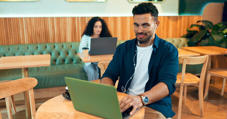 Poster - Cafe, internet or man with a laptop, copywriting and connection with inspiration, email or planning. Person, freelancer or entrepreneur with a pc, coffee shop or project with company website or app