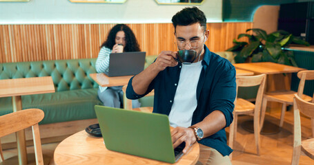 Aufkleber - Man, coffee shop drink and laptop for online research, remote work and typing on website, blog or social media. Freelancer, writer or customer listening to music on computer in cafe or restaurant