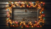 Weathered Wooden Wall Showcasing Glowing Multicolored Christmas Lights Creating Festive Frame