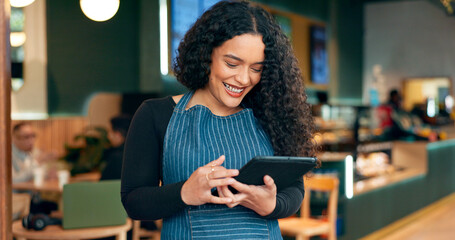Poster - Coffee shop, happy waitress and tablet of restaurant sales, online management or reading customer service reviews. entrepreneur, woman or barista scroll on digital technology for cafe menu or website