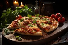 Pizza Delicious Italian Cuisine Cheesy Slices Rustic
