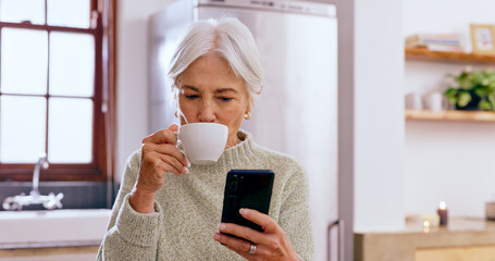 Poster - Senior woman, tea and phone with reading, texting and communication on web, app and typing in home. Elderly lady, drink and coffee cup for espresso with smartphone, social network or notification