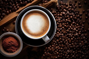 Poster - top down view of a steaming cappuccino amidst coffee beans