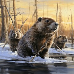 Wall Mural - otter on the water, otter in the snow, beaver, ice, forest