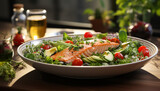 Fototapeta Tulipany - Salmon salad with avocado and cherry tomatoes on wooden table in restaurant