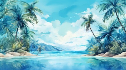 Poster - Abstract watercolor. Peaceful beach paradise with palm trees and crystal clear water.