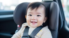 Smiling Asian Baby Into A Car Seat In Car.
