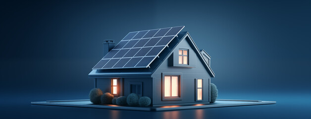 image of house with solar panels against blue background. generative ai.