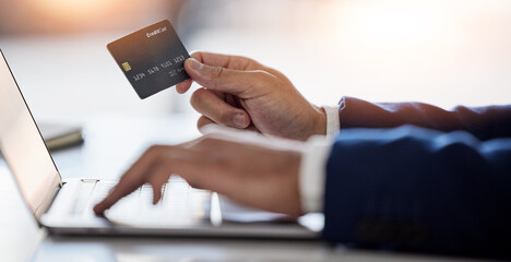 Poster - Corporate, man hands and credit card at laptop for ecommerce, accounting budget or savings investment. Closeup of sales trader at computer of online shopping, fintech banking or code in trading money