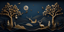 A Gold Deer In A Field With Trees And The Moon In The Background.3d Modern Interior Mural Wall Art Wallpaper With  Deer Birds And Waves Of Gold On A Dark Blue Background Wallpaper  