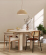 © Sue Tansirimas - Japandi style beige dining room with round table, chair, green tree pendant light in sunlight from shoji window wall partition for interior design decoration, product background 3D
