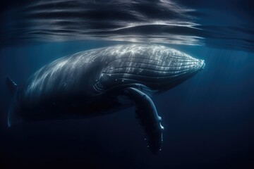 Wall Mural - Blue whale gliding in deep blue ocean, enormous body partly illuminated by the sunlight , Realistic underwater photography with a telephoto lens