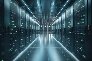 Leinwandbilder - Digital cloud storage server farm, rows of powerful servers with blinking lights, cables organized, sense of precision and technological prowess