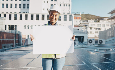 Poster - Black woman, architect and billboard on solar panel roof for advertising or construction plan in the city. Portrait of happy African female person, engineer or contractor holding sign, paper or board