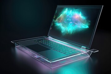 Leinwandbilder - Laptop hologram in the air, projecting a 3D interface, with translucent keys and a floating display, futuristic computing Hologram holographic technology