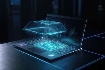 Leinwandbilder - Laptop hologram in the air, projecting a 3D interface, with translucent keys and a floating display, futuristic computing Hologram holographic technology
