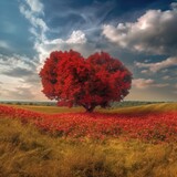 Fototapeta Zachód słońca - love Tree in the field with poppies and blue