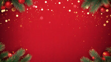 Christmas Background With Xmas Tree And Sparkle Bokeh Lights On Red Canvas Background. Merry Christmas Card. Winter Holiday Theme. Happy New Year. Space For Text, Top View