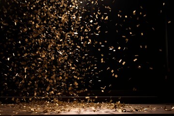 Poster - Falling golden confetti on a stage, shimmering golden confetti gently descending, catching the stage lights, grandeur and celebration Photography