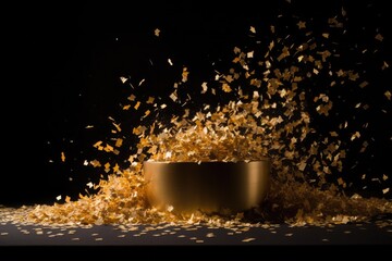 Poster - Falling golden confetti on a stage, shimmering golden confetti gently descending, catching the stage lights, grandeur and celebration Photography
