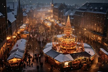 Wall Mural - a birds-eye view of a bustling European Christmas market, sparkling lights, and colorful stalls