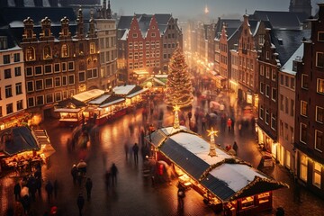 Wall Mural - a birds-eye view of a bustling European Christmas market, sparkling lights, and colorful stalls