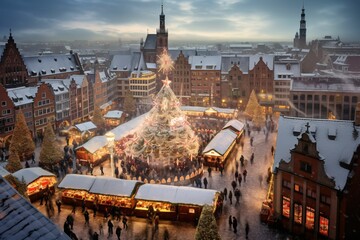 Wall Mural - a birds-eye view of a bustling European Christmas market, sparkling lights, and colorful stalls