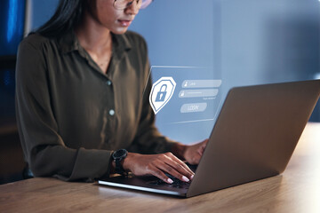 Poster - Woman, laptop and security for username, password or encryption on office desk at workplace. Hands of female person or employee with Lock Screen hud for login access, verification or identification