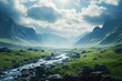 Iceland landscape with river, mountains and white clouds. Generative AI Art. Beautiful morning view with volcanic mountains and green grass.