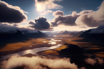 Wall Mural - Iceland landscape with mountains and gray clouds. Generative AI Art. Beautiful dramatic view with volcanic mountains. Aerial drone view.