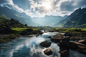 Wall Mural - Iceland landscape with mountains and gray clouds. Generative AI Art. Beautiful dramatic view with volcanic mountains.