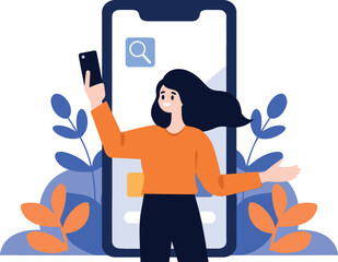 Wall Mural - Hand Drawn Female character talking with smartphone in online communication concept in flat style