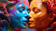 Loving lesbian couple kissing embraces passionately enveloped in vibrant multicolored viscous liquid represents their individuality, example of LGBT love is vivid expression of passion and sensuality