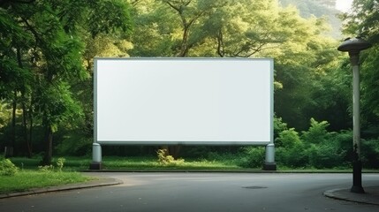 Wall Mural - blank billboard on the sideway in the park. image for copy space, advertisement, text and object. white billboard in natural green.