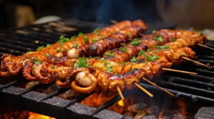 Aufkleber - Grilled squid. Grilled squid on a skewer on a delicious barbecue is a Thai street food. Grilled seafood. Selective focus