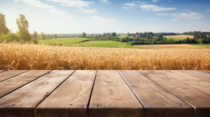 Poster - The empty wooden brown table top with blur background of farm and barn. Exuberant image.