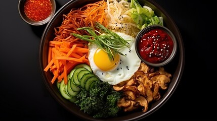 Aufkleber - Korean Vegetarian Bibimbap, fried tofu bento box hot stone bowl with salads, kimchi, Bibimbap sauce, miso soup on black table background