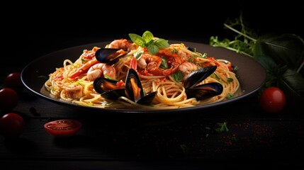 Poster - Italian spaghetti pasta marinara with Clams, Prawns, Mussels, tomato, Seafood Cocktail in plate on black wooden table background