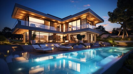Poster - Luxurious modern house with swimming pool and backyard