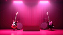 Concert Stage With Guitar, Microphone And Speakers On Dark Pink Background In Viva Magenta Colors. Minimalism Concept. Music Application Concept.3D Render.