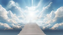 Stairs In Sky. Concept With Staircase, Sun, White Clouds And Blue Background