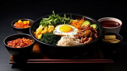 Poster - Korean Vegetarian Bibimbap, fried tofu bento box hot stone bowl with salads, kimchi, Bibimbap sauce, miso soup on black table background