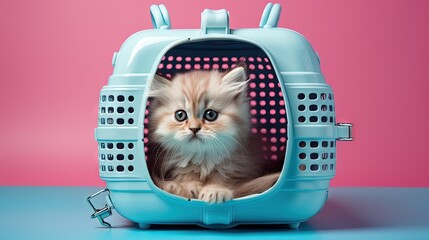 Poster - Cute Thai cat in carrier on color background