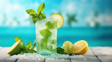 Aufkleber - Cold summer tropical drink with crushed ice, lime and mint. Sweet pineapple lemonade copy space