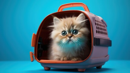 Poster - Cute Thai cat in carrier on color background