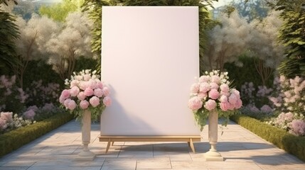 Leinwandbilder - Wedding white Board, welcome sign, Seating chart Mockup , outdoors. Greeting template with clipping path. 3D rendering