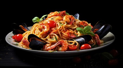 Poster - Italian spaghetti pasta marinara with Clams, Prawns, Mussels, tomato, Seafood Cocktail in plate on black wooden table background