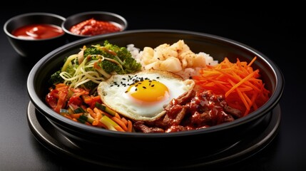 Aufkleber - Korean Vegetarian Bibimbap, fried tofu bento box hot stone bowl with salads, kimchi, Bibimbap sauce, miso soup on black table background