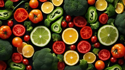 Aufkleber - Colorful food pattern made of broccoli, orange, red pepper, onion, tomatoes and lime. Flat lay.