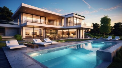 Poster - Luxurious modern house with swimming pool and backyard